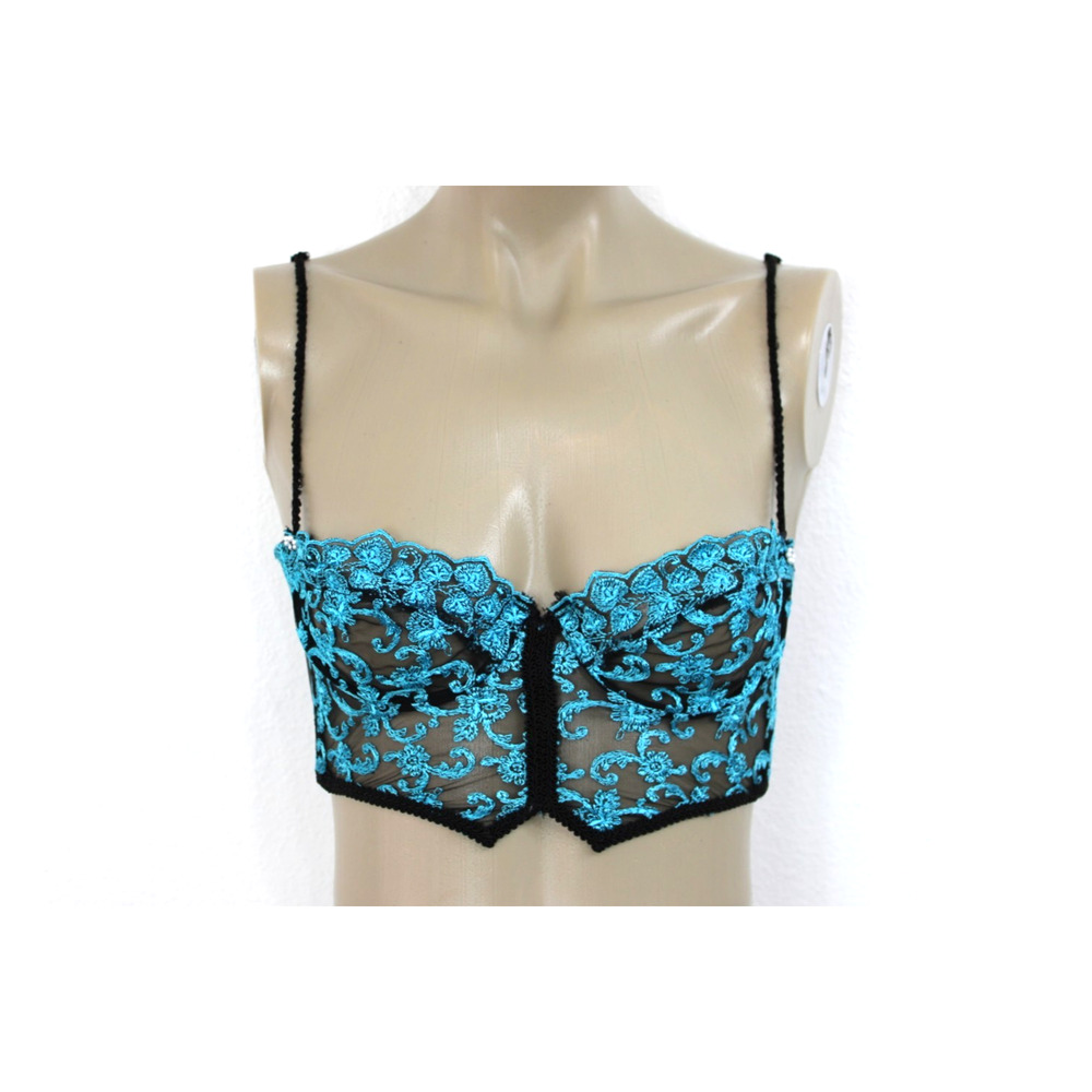 Dior Black Sheer Lace Bustier Bra with Turquoise Embroidery